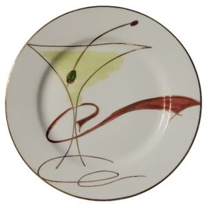 1 Vtg Pier 1 Appetizer Salad Dessert Plate Olive Martini Glass Red Gold Accents